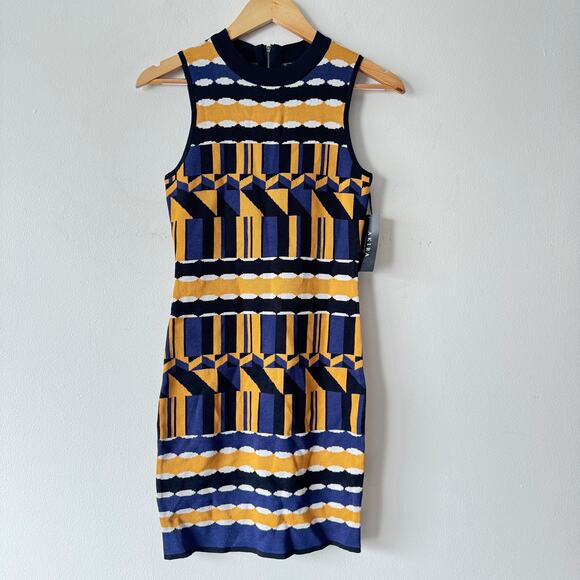 Akira Sweater Dress Womens Small Yellow Blue Geometric Print Bodycon Going Out‎ - Picture 1 of 9